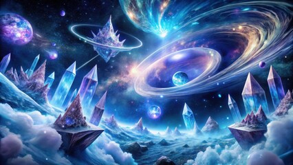 Wall Mural - celestial crystal spires amidst a vortex of cosmic wonders and nebulous clouds