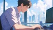 © てんぷら - オフィスで仕事をするアニメ調の日本人男性