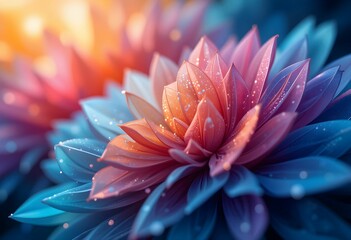 close-up of pink and blue fantasy flower with glowing light and dew drops