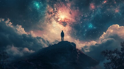 Wall Mural - A lone figure stands on a rocky outcrop gazing up at a colorful and vibrant night sky.