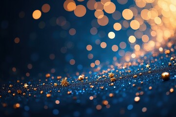 Canvas Print - a splendid display of golden and blue bokeh lights with glittering stars reflecting a festive atmosp