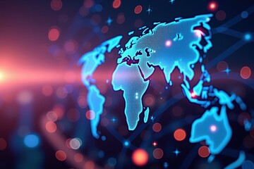 Wall Mural - digital representation of a world map illuminated by network connections, featuring a futuristic glo