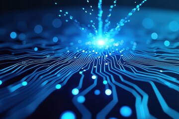 Wall Mural - a stunning close-up of an abstract blue circuit board with glowing lines and digital sparks, represe