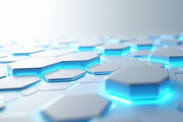 Wall Mural - futuristic close-up of glowing hexagonal tiles on a digital surface in a soft blue light, perfect fo