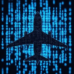 Airplane silhouette over digital binary code background