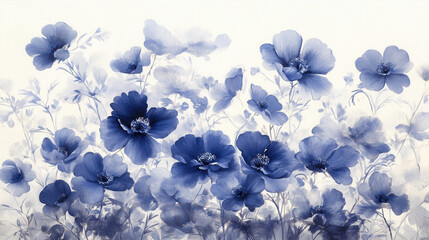 An elegant hand-painted floral artwork, featuring deep blue meadow flowers with refined detailing, blending seamlessly into a soft