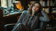 © Arty&Happy - Corporate executive woman in blazer, lost in thought, reflecting on challenges with hint of worry, yet with determined spirit