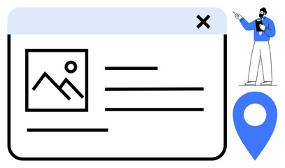 Web page interface with image, text blocks, and close button. Professional presenting and navigation marker. Ideal for web development, user interface, business, creativity, tutorial guidance flat