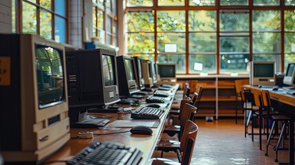 A line of retro computers along a wooden workstation