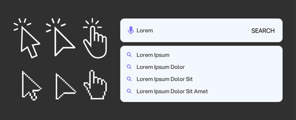Poster - Click here web button icon. Computer mouse cursor or hand pointer symbol. Button with hand an arrow. Click Here Button with pointer clicking. 