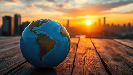 a close up of a globe on a wooden table with a city in the background