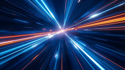 Streaks of light in blue and orange radiate from a central point, creating a sense of speed and technological advancement.