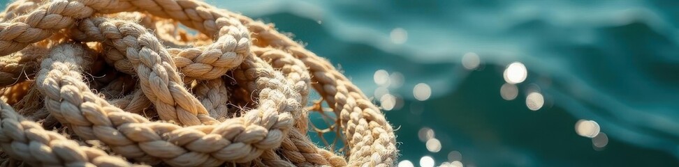 Beige fishing net with thick rope, nautical theme, still life, object, pattern