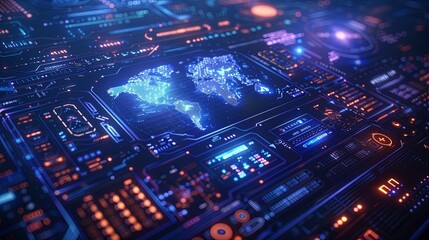 Wall Mural - a digital interface showing a glowing world map display