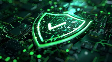Wall Mural - a digital security shield with a checkmark on a circuit board