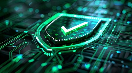 Wall Mural - a green glowing security shield with a checkmark symbol