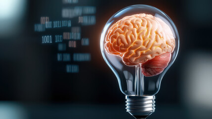 Leinwandbilder - 3D rendered glowing light bulb with human brain inside symbolizes innovation and intelligence. digital binary code in background enhances concept of technology and creativity