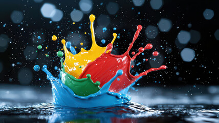 Poster - vibrant explosion of colorful liquid splashes dynamically against dark background, creating stunning visual effect. vivid hues of red, blue, yellow, and green contrast beautifully with dark