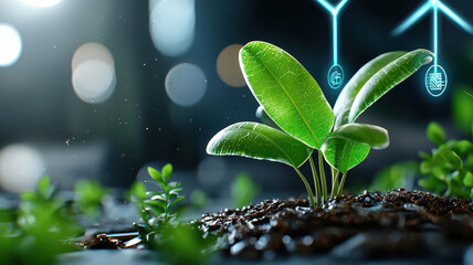 Fototapete - vibrant green plant growing in soil, illuminated by futuristic digital elements, symbolizes fusion of nature and technology