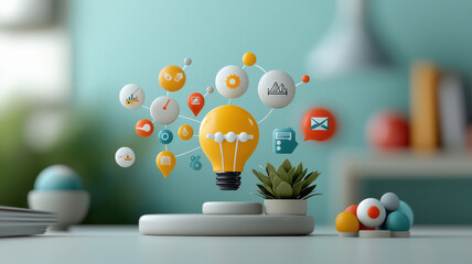 Fototapete - dynamic 3D business infographic with floating numbered icons and lightbulb symbolizes innovation and creativity in modern office setting