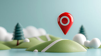 Fototapete - minimalist 3D illustration of navigation map with red location pin hovering over stylized green hills and trees, set against soft blue background