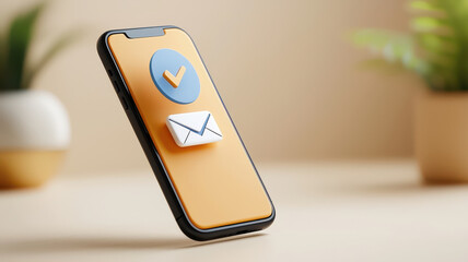 Leinwandbilder - minimalistic 3D smartphone with notification bubble and email icon on wooden surface