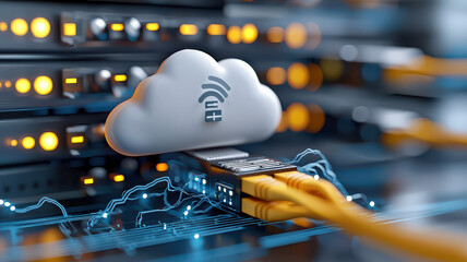 Fototapete - modern abstract 3D render of cloud networking depicting cloud icon connected to servers with glowing cables, symbolizing data transfer and digital communication