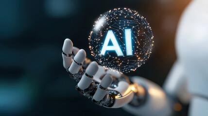 Fototapete - robotic hand holds glowing sphere with letters AI, symbolizing advanced artificial intelligence technology and innovation. futuristic design highlights integration of AI in modern technology