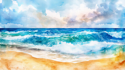  Serene watercolor beach scene with waves and clouds