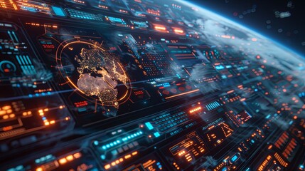 Wall Mural - futuristic display shows earth from space with detailed data interfaces