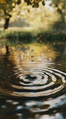 Aufkleber - Ripples form on the surface of a tranquil pond as water droplets fall in a serene natural setting during daylight hours