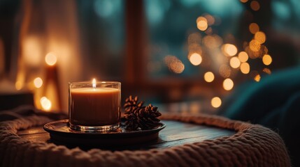 Aufkleber - Warm caramel and chocolate brown bokeh tones create a cozy atmosphere with fragrant candles and pinecones in a relaxing setting
