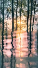 Aufkleber - Ethereal reflections of pink and yellow hues shimmering on water at sunset among silhouetted trees