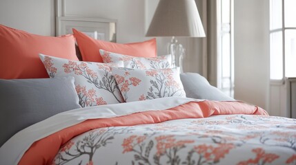 Aufkleber - Elegant coral and gray bedding with floral patterns enhancing a serene bedroom atmosphere