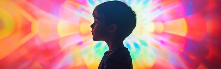 Poster - Vibrant silhouette of a child set against a colorful, swirling background in a playful atmosphere