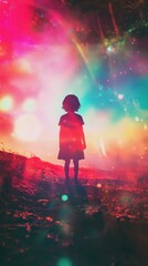 Aufkleber - Vibrant visualization of a glowing child standing against a colorful cosmic backdrop at twilight