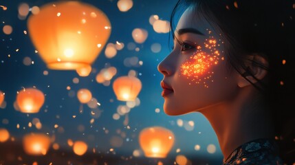 Aufkleber - Surreal visualization of a woman's face illuminated by glowing lanterns and sparkling elements during a twilight celebration