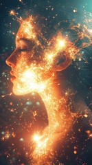 Poster - Surreal portrayal of a glowing woman surrounded by cosmic elements in an ethereal setting during twilight