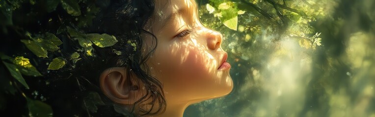 Aufkleber - Serene child's face glowing with sunlight filtering through leaves in a peaceful forest