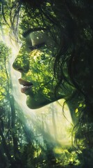Aufkleber - Glowing serenity captured in a woman's face amidst a lush forest setting with soft sunlight filtering through the trees