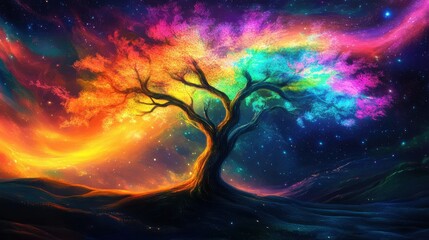 Poster - Mystical glowing tree surrounded by vibrant colors and starry sky at night