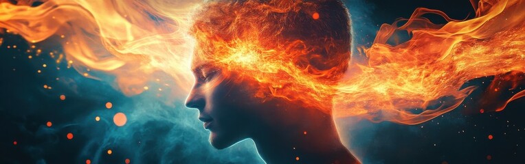 Aufkleber - Mystical depiction of a man's profile filled with vibrant flames and ethereal energy in a surreal setting