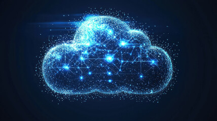 Digital cloud computing network with glowing connections and data flow