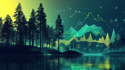 Poster - Harmonious composition of peaceful pines reflecting in calm waters during twilight hours