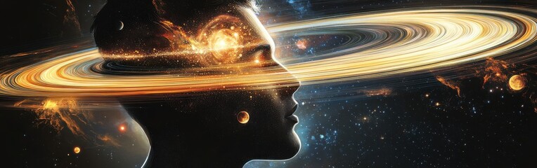 Poster - Dynamic profile of a man with cosmic elements illustrating a connection to the universe and the mysteries of space