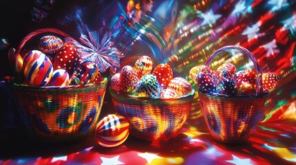 Fototapete - Festive table adorned with colorful decorated eggs and vibrant decorations for a joyful celebration