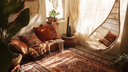 Aufkleber - Cozy boho nook with hanging chair and layered rugs invites relaxation and creative expression