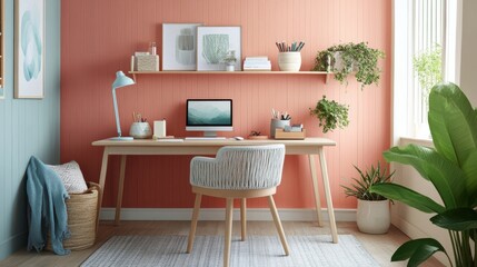 Aufkleber - Cozy home office with pastel coral walls and modern decor, perfect for productivity and relaxation