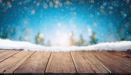 Wall Mural - wooden table with snow texture background for christmas and winter holidays