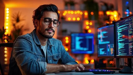 Coding Alchemist: A focused professional, engrossed in the digital realm, navigates lines of code, bathed in the warm glow of computer screens and a cozy office environment.